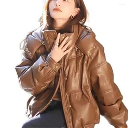 Women's Trench Coats Winter Jacket Washable Windproof Warm Hooded Down Standing Collar Short PU Protein Leather Duck