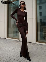 Two Piece Dress Nsauye Sexy Bodycon Club Fashion Y2K Long Sleeve Bodysuit Women Tops Low Waisted Maxi Ruched Winter Elegant Skirt Set 231201