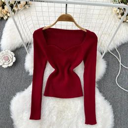 Women's Sweaters Korean Temperament Square Collar Knit Pullover Red Year Outfit Gentle Wind Long Sleeve Sweater Casual Slim-fit Short
