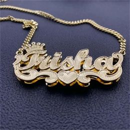 Pendant Necklaces Custom Name Necklace Double Crown Heart Personalized Gold Plated Mothers Day Gift Jewelry For Women Chain 231201