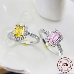 Wedding Rings For Women S925 Silver White yellow pink 5 7mm Cubic Zirconia Rectangle Diamond Ring Bridal Propose Engagement Fine J319l