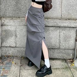 Skirts Long Skirt Slit Folds Low Rise Ankle-Length Straight Maxi For Women Korean Fashion Clothing Outfits Y2k Elegant Streetwear