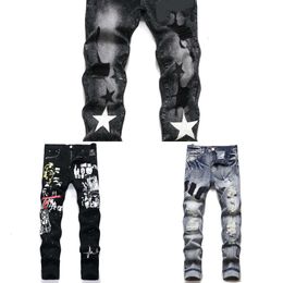 Fashion item. Designer Men European Jean Hombre Mens Pants Trousers Biker Embroidery Ripped for Trend Cotton Fashion Jeans