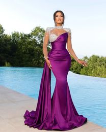 Purple Mermaid Evening Dresses Vintage High Neck Sheer Appliques Beads Illusion Long Sleeve Pleats Ruffles Formal Occasion Prom Gowns BC16781