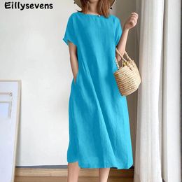 Casual Dresses Cotton Linen Women's Summer Dress Solid Colour Loose Large Size O-Neck Short Sleeve Medium Length Vestidos