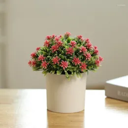 Decorative Flowers Plastic Cylindrical Pot Flocking With Flower Ball Bonsai Silk Green Plant Artificial