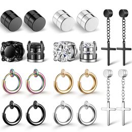 10 Pairs Unisex Men Stainless Steel Non-Piercing Magnetic Stud Earrings Cross Dangle Hoop Earrings CZ Magnet Clip on Earring Set271g