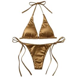 Women s Swimwear Sexy Metallic Halter Top Two Piece Swimsuit Tie Side Triangle Bikini Summer Solid Bathing Suit Beachwear Set 231201