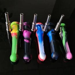 Colourful Silicone Nector Collector Kit Silicone Pipe Mini NC Set With 14mm Titanium Nail Dab Container Bird Oil Dab Straw Rig 12 LL
