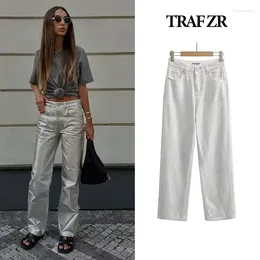 Women's Pants ZR High Waist Full Length Y2k Streetwear Reflective Silver Harajuku Baggy Jeans Denim White Woman