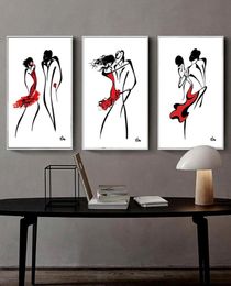 3pcsset Minimalist Abstract Line Drawing Dancing Couple Art Painting BlackWhiteRed Wall Art Dance Poster for living room bedro8912243