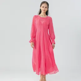 Casual Dresses Peach Pink Double Layer Georgette Silk O-neck Women Flare Long Sleeves Tuck Pleats Dress Autumn AE1719