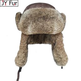 Trapper Hats Russia Winter Real fur Hat Men Outdoor Windproof Super Warm Real Rabbit Fur Bomber Hats Natural Soft Natural Rabbit Fur Caps 231201