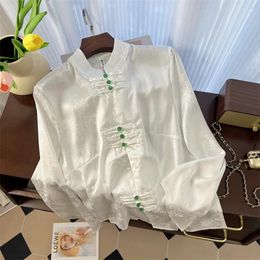 Women's Blouses Satin Chinese Style Shirt Silk Vintage Loose O-neck Ladies Clothing Long Sleeves Solid Tops YCMYUNYAN