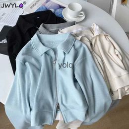 Women's Sweaters S-3xl Simple Collar c Double Zipper Cropped Top Coat All-match Loose Cardigan Sweatshirts 2023 Fashion Cloes For Womenyolq