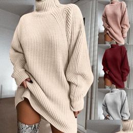 Basic Casual Dresses Women Turtleneck Oversized Knitted Dress Autumn Solid Long Sleeve Elegant Mini Sweater Plus Size Winter Clothes D Dhdwn