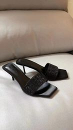 Slippers Square Head Slim Heel One Line Drag Black Rhinestone Open Toe Sexy Cool