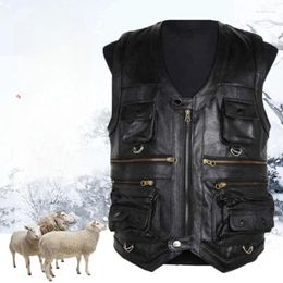 Men's Vests 2023 Spring Autumn Men Genuine Leather Vest Male Multiple Pockets Sleeveless Coats V-neck Real Sheepskin Waistcoat D418