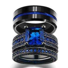 Couple Jewelry - Men's 8mm width Blue Line Stripe Tungsten Carbide Ring Women's 14kt Black Gold Filled Natural Sapphire 229J