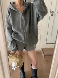Women's Tracksuits Korean Style Grey Hooded Sweater Coat Shorts Loose Top Set Casual Female Pants Suits
