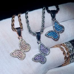 Iced Out Purple Blue Pink Color Zircon Mini Butterfly Charm Pendant Necklace with Rope Chain Hip Hop Lovely Cute Women Men Full Paved 5A Cubic Zirconia Gift Jewelry