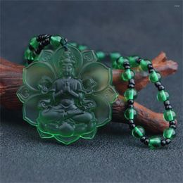 Pendant Necklaces Green Crystal Carved Lotus GuanYin Buddhism Lucky Amulet Charm Tibetan Buddha Religion Beads Jewellery Gift