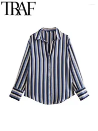 Women's Blouses Satin Striped Print Women Casual Blouse Button-Up Long Sleeve V Neck Fitted Shirt Female Top 2023 Autumn Y2K