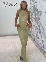 Two Piece Dress FSDA Glitter Halter Neck Sleeveless Bodysuit Midi Bodycon Skirt Suit Women Skinny Off Shoulder Rompers 2 Set 231201