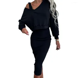 Work Dresses 2 Pcs/Set Women Sweatshirt Dress Set V Neck Loose Thin Solid Color Short Top Sleeveless Slim Fit Casual