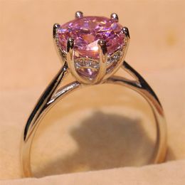 Size 5-10 Luxury Jewelry Solitaire 100% Real 925 Sterling Silver Round Cut Pink Sapphire CZ Diamond Gemstones Women Wedding Crown 2515