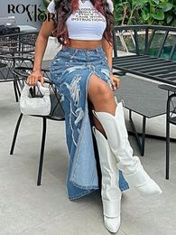 Skirts Rockmore Ripped Denim Long Skirt American Vintage Women Loose High Waist Straight Split Maxi Fashion femme Streetwear 231201