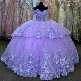 Lavender Off The Shouler Ball Gown Quinceanera Dresses For Girls Beaded Celebrity Party Gowns Appliques Lace Graduation Vestidos