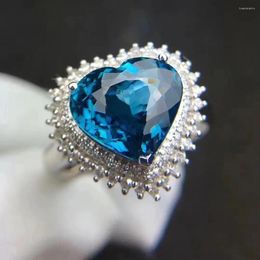 Cluster Rings Love Heart Blue Topaz Finger Ring Natural Real 925 Sterling Silver Luxury Style 8mm Gemstone