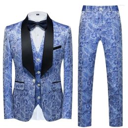 Men's Suits Blue Jacquard Tuxedo For Men 3 Piece Suit Floral Pattern Blazer Jacket Waistcoat Pants Set Party Wedding Costume Homme 5XL