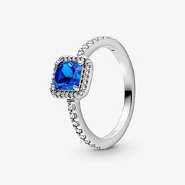 New Brand 100% 925 Sterling Silver Blue Square Sparkle Halo Ring For Women Wedding Rings Fashion Jewelry2555