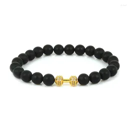 Strand Men Accessories Bracelets Bangles Beads Jewelry Inlay Zircon Dumbbel Charm Natural Matte Black Onyx Stone Bracelet Pulsera