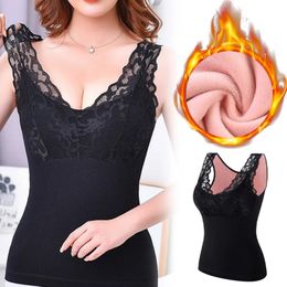 Women's Thermal Underwear Thermal Underwear Women Top With Bra Fleece Camisole Plus Velvet Winter Seamless Sexy Lace V-neck Warm Lingerie Fleece Camisole 231130