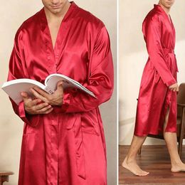 Men's Sleepwear Men Spring Fall Bathrobe Soft Breathable Satin V Neck With Lace Up Waist Belt Long Sleeves Pockets Ideal For