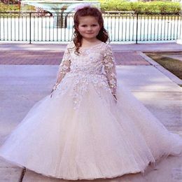 Girl Dresses Long Sleeve Sheer Neck Lace Appliques Puffy Tulle Flower For Wedding Pageant Dress Kids Formal Prom Communion