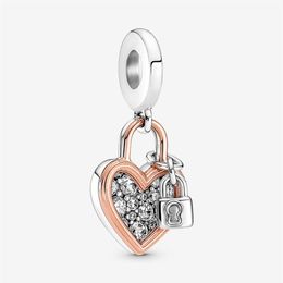 100% 925 Sterling Silver Heart Padlock Double Dangle Charms Fit Original European Charm Bracelet Fashion Wedding Engagement Jewelr242c