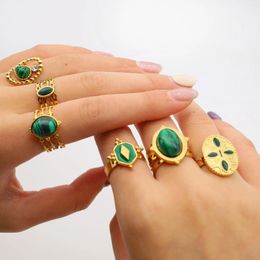 Cluster Rings High Quality Gold Colour Plating Green Series Enamel Natural Stone Ring For Women Geometric Stainless Steel Open Size Jewellery