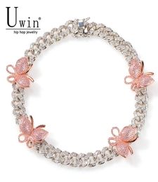 Uwin 12mm Cuban Pink Butterfly Necklace Rose Gold Chain CZ Necklace Bling Bling Hip Hop Jewellery For Men Women Gift2166640