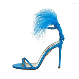 Sandals Designer 2023 Blue Summer Narrow Strap High Heels Prom Pumps Yellow Feather Sandalias Femmes White Wedding Shoes