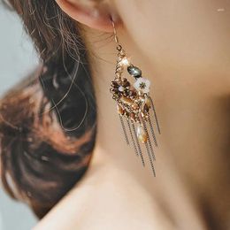 Dangle Earrings Retro Tassel Shell Flower Crystal Hypoallergenic Ear Hooks For Women Exaggerated Korean Jewellery Gift