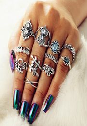 11pcsSets Band Nail Ring Sets Bohemian Carved Leaf Flowers Pure Blue Gemstone Elegant Designer Women Jewellery Accessories Vintage 6024428