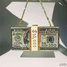 Money Clutch Rhinestone Purse 10000 Dollars Stack of Cash Evening Handbags Shoulder Wedding Dinner Bag 8 Colour G220426267w