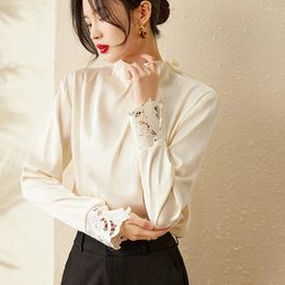 Women's Blouses Vintage Chiffon Blouse Shirts Women 2023 Korean Chic Elegant Folds Half High Collar Shirt Tops Female Casual Ladies