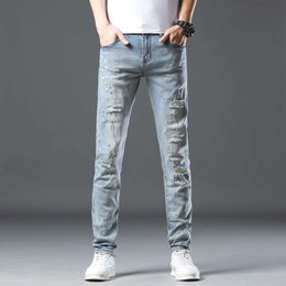 Men S Skinny Fit Ripped Hip Hop Light Blue Jeans Stretch Distressed Male Denim Pants Streetwear Casual Painting Patched