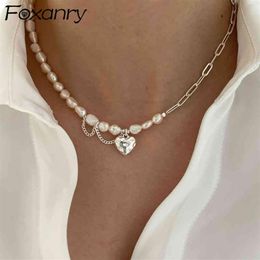 Foxanry 925 Sterling Silver Necklace for Women Trendy Elegant Asymmetry Chain Pearls Smooth Love Heart Bride Jewellery Lover Gifts272Q