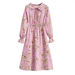 Casual Dresses Autumn Sweet Pink Floral Print Chiffon Long Dress For Women Elegant Bow Lace-up Elastic High Waist Office Commute Shirt